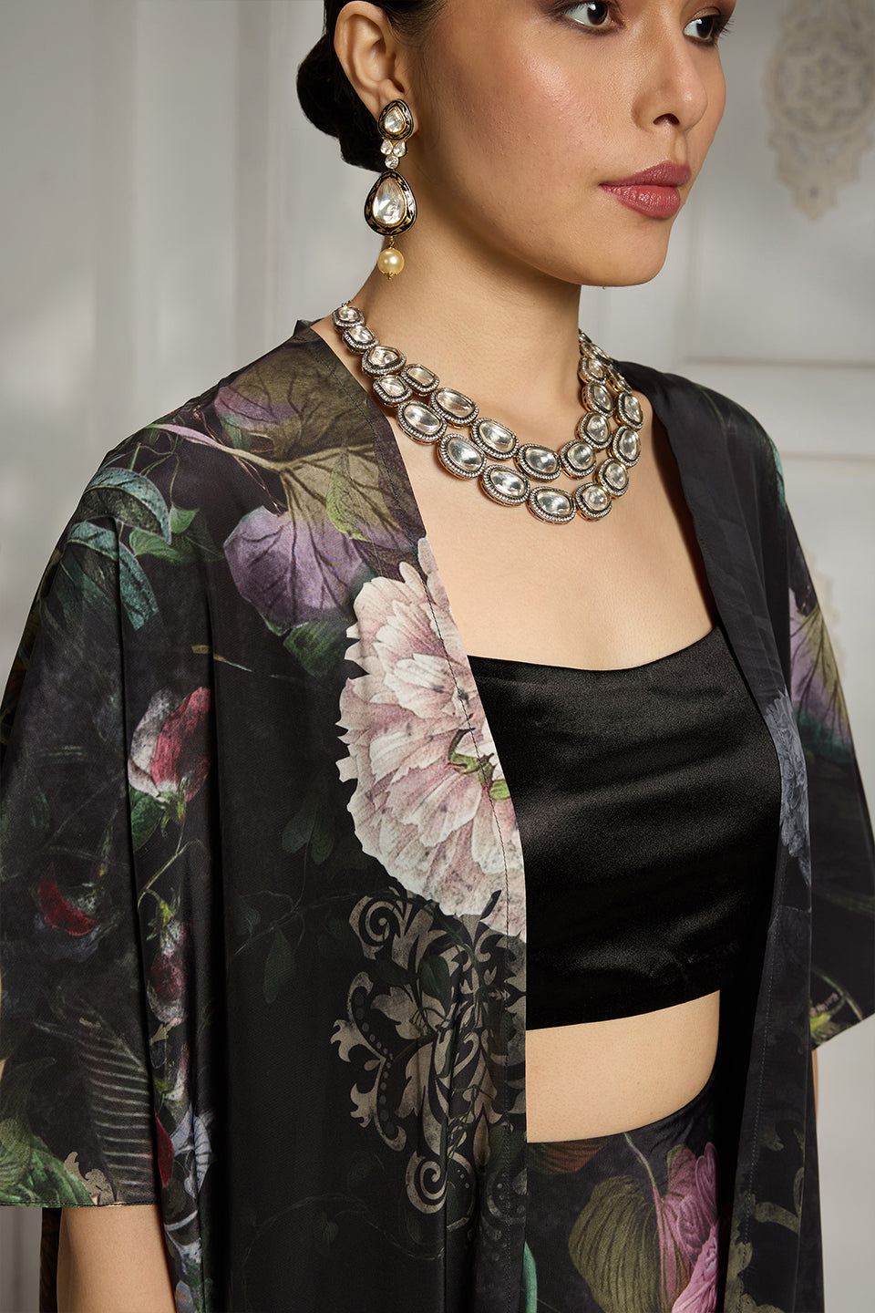 Black Botanical Printed Cape Set