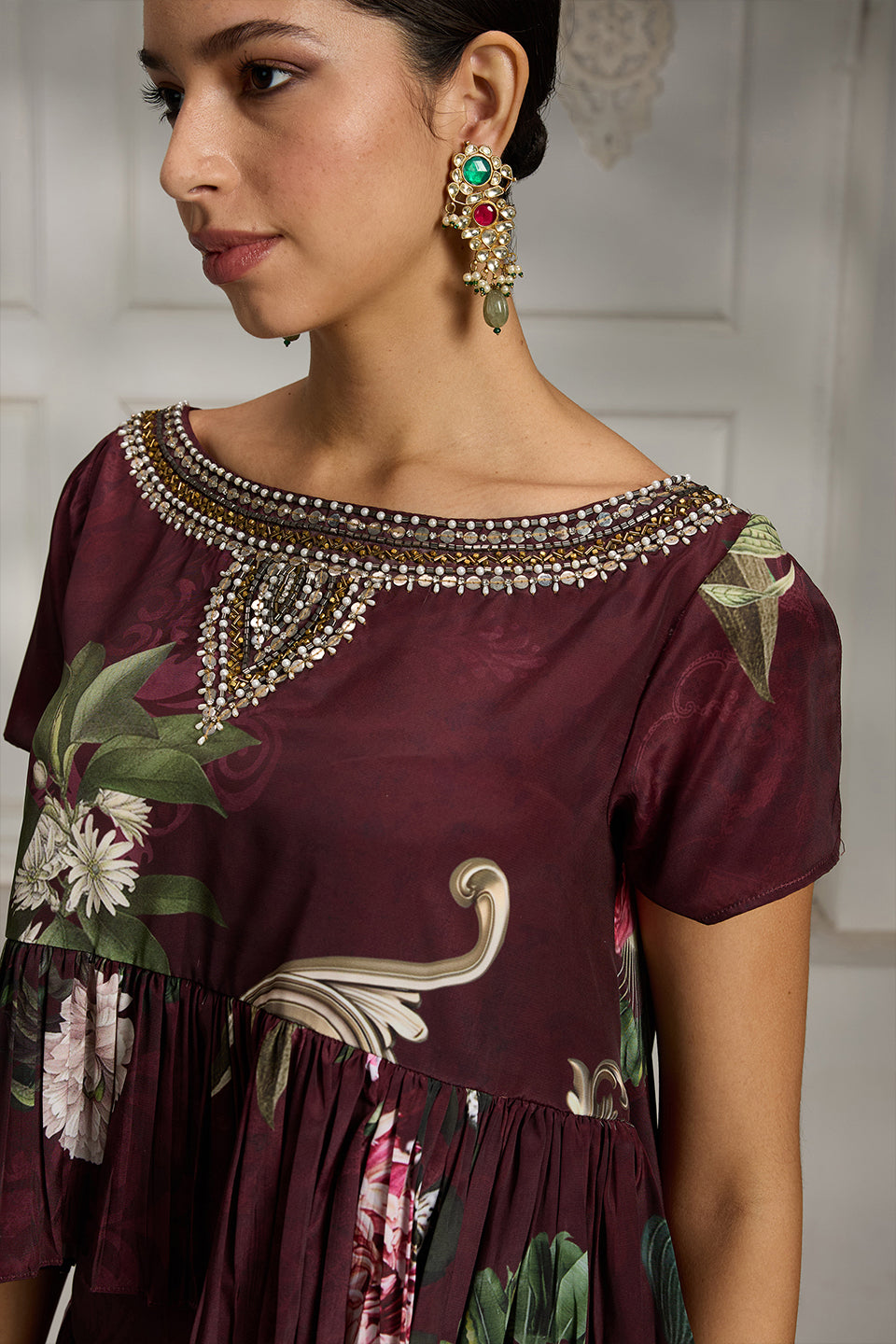 Maroon Printed Cape Set