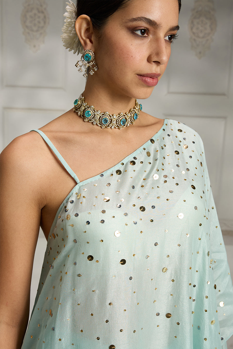 Sky Blue One Shoulder Cape Set