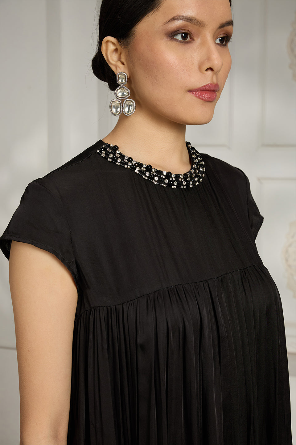 Black Embroidered Collar Gown
