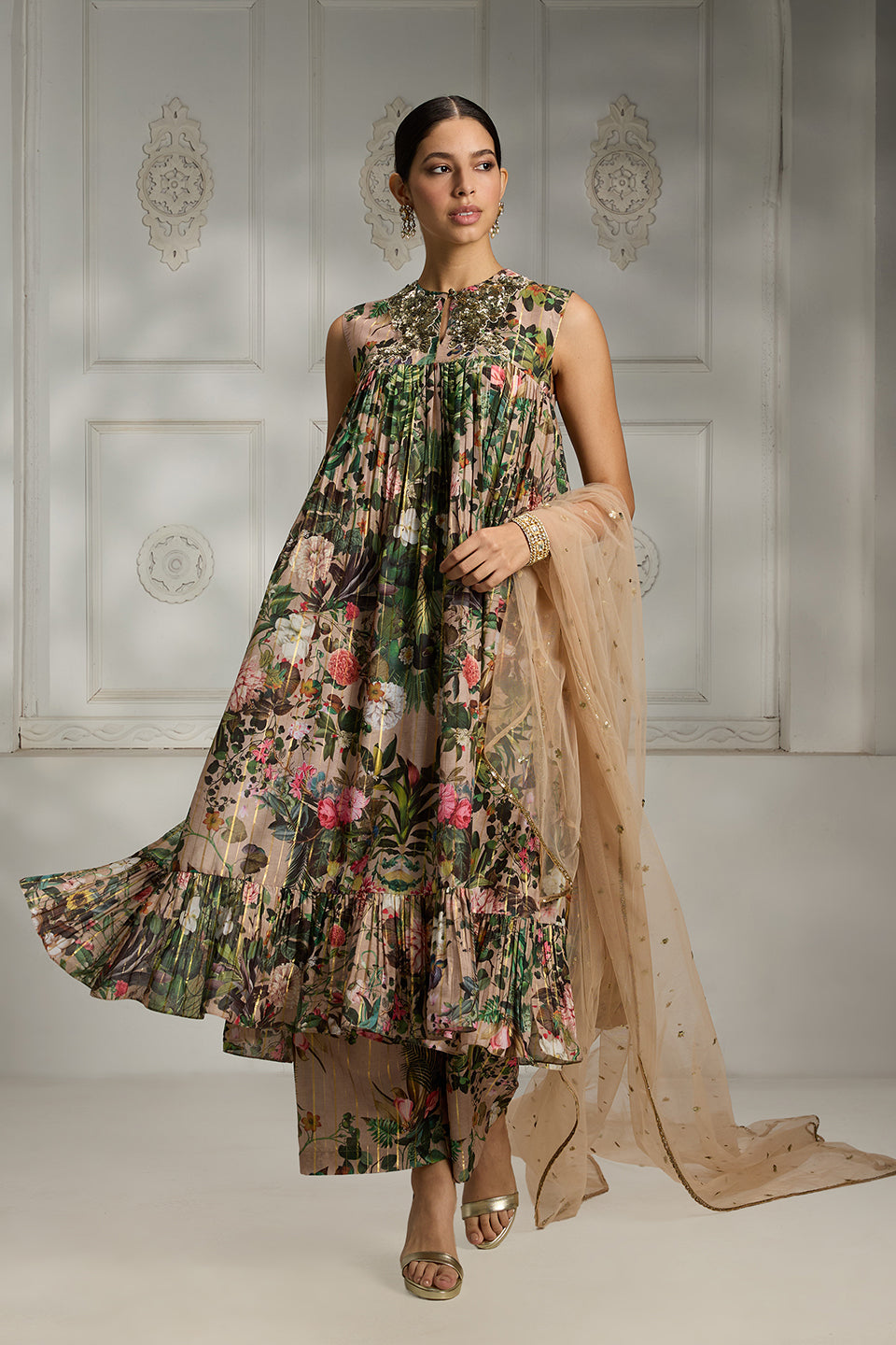 Beige Printed Tunic Set