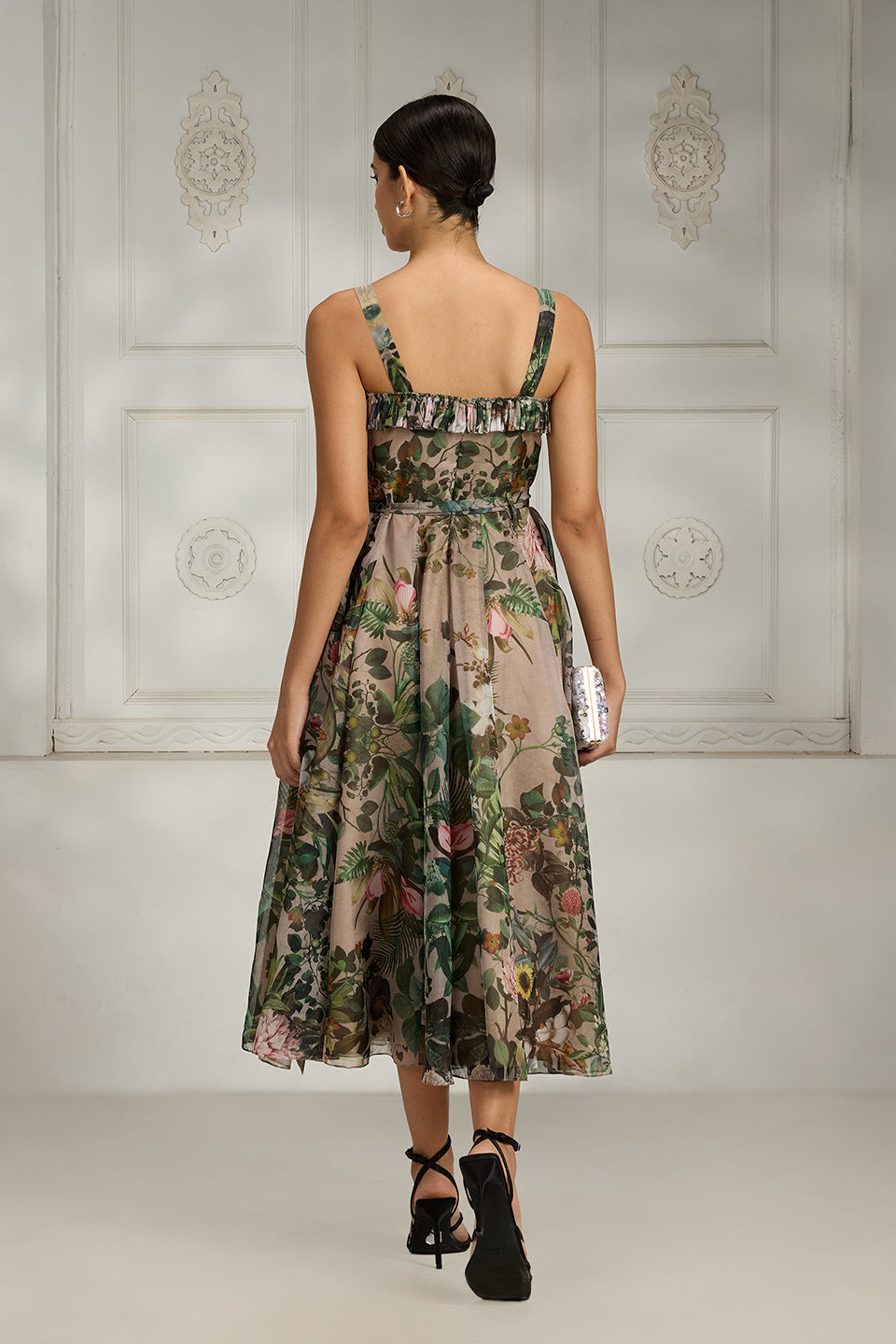 Beige Printed Frill Dress