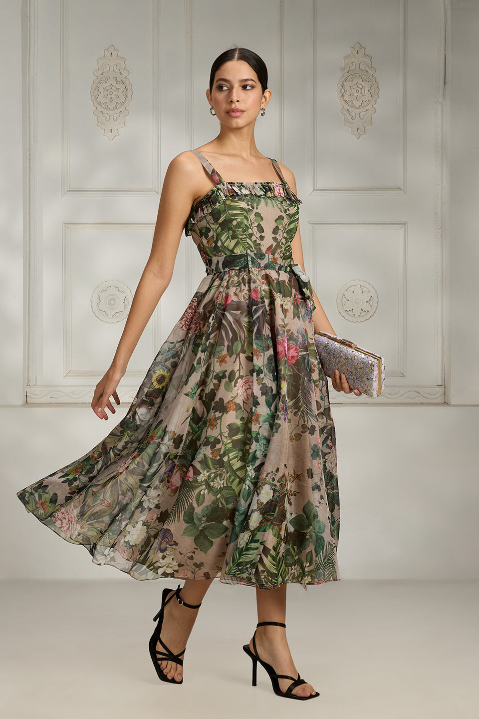 Beige Printed Frill Dress