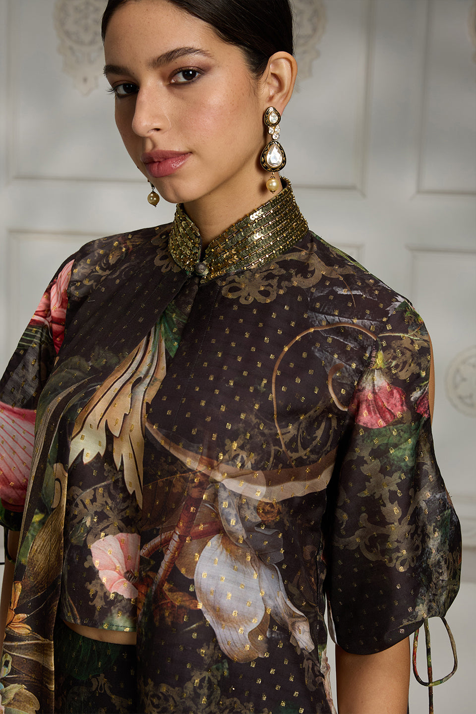 Black Botanical Printed Cape Set