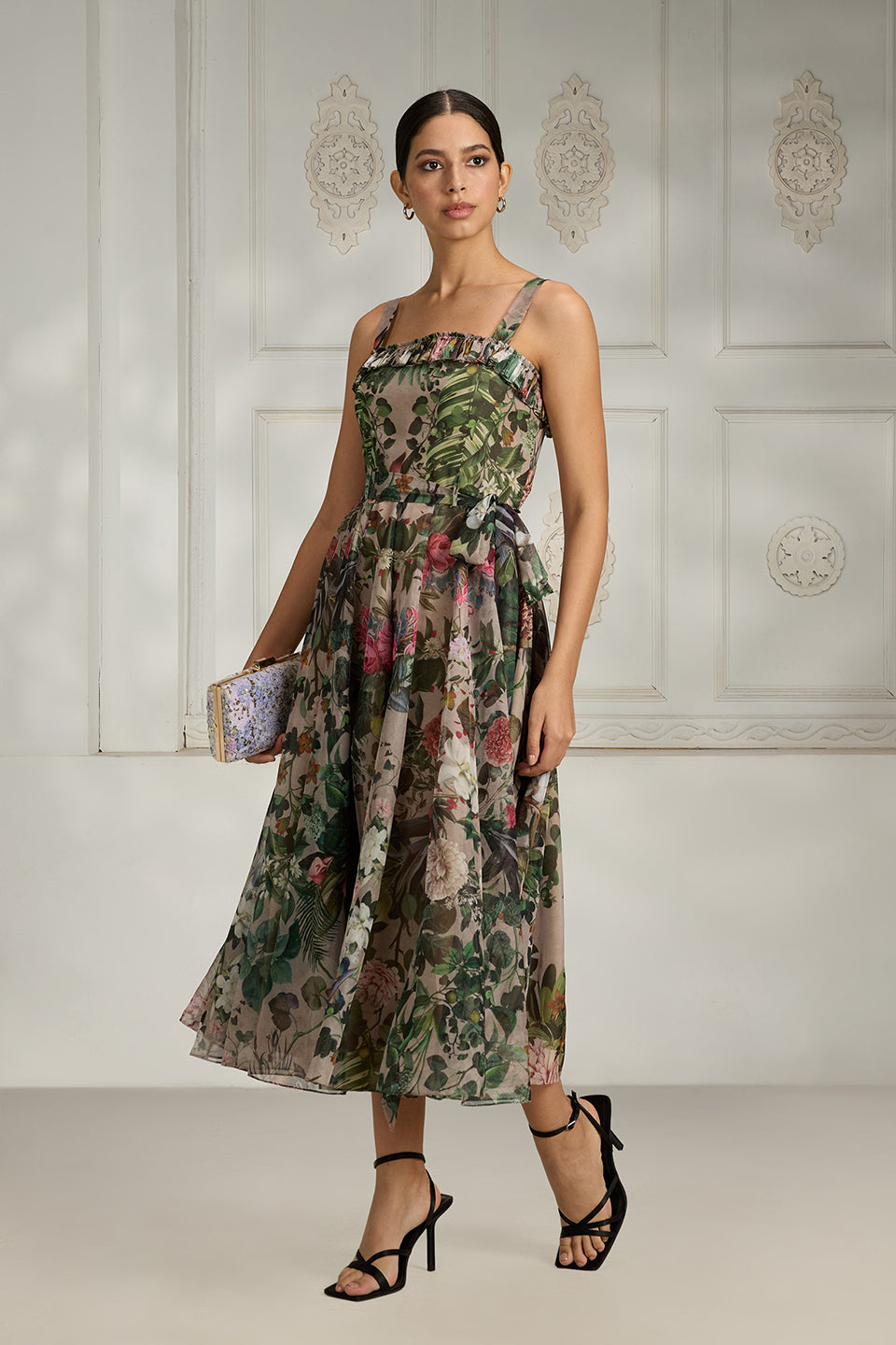 Beige Printed Frill Dress