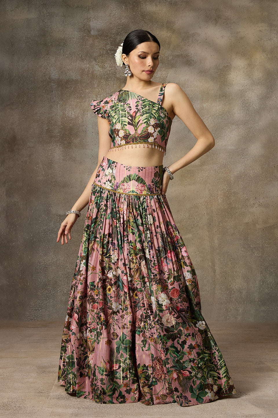 One shoulder Printed Lehenga Set