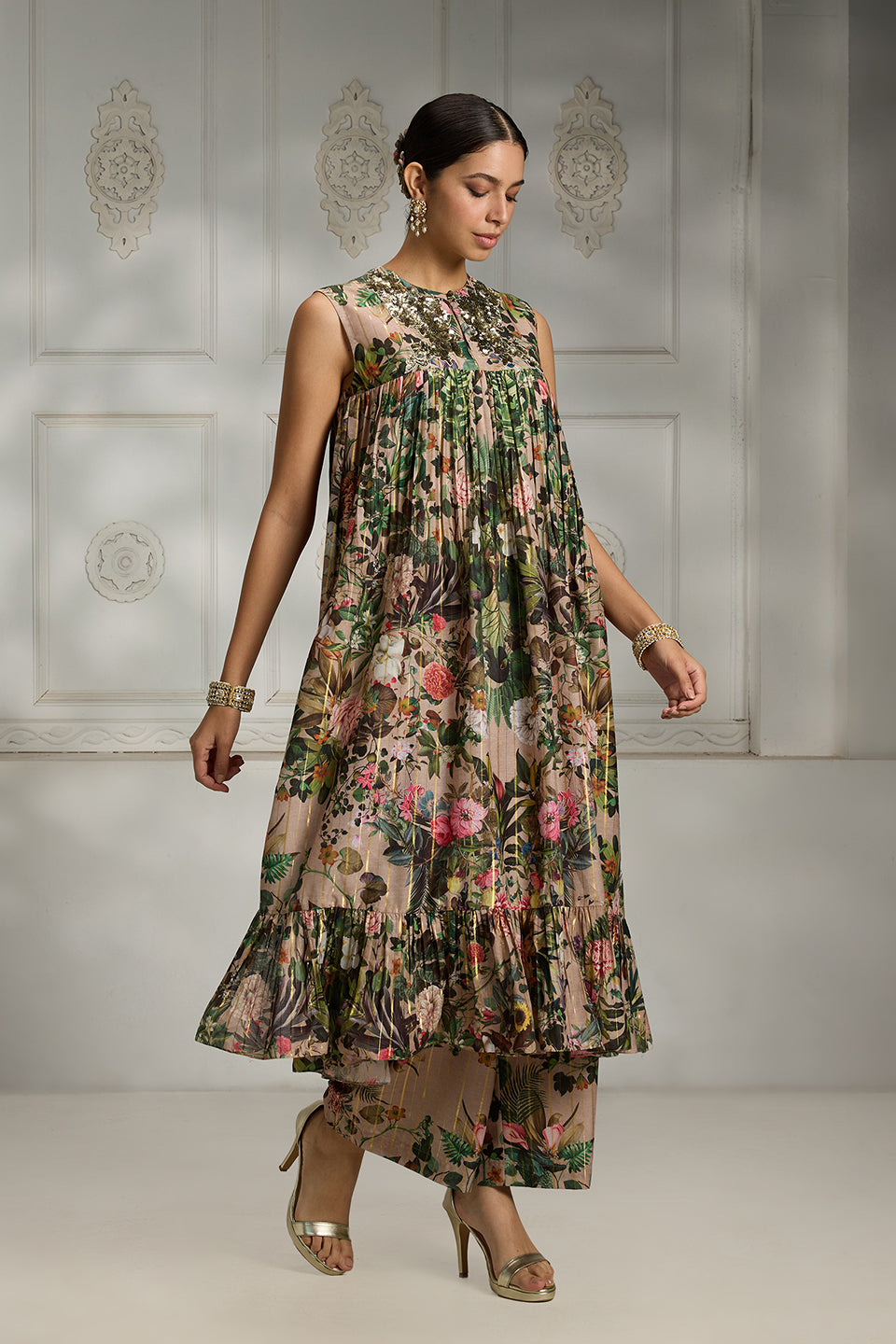 Beige Printed Tunic Set