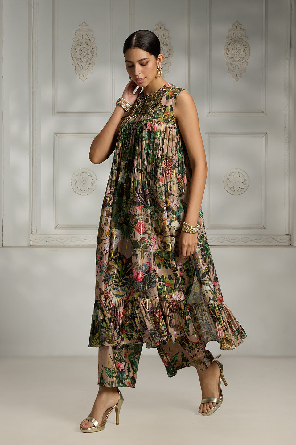 Beige Printed Tunic Set