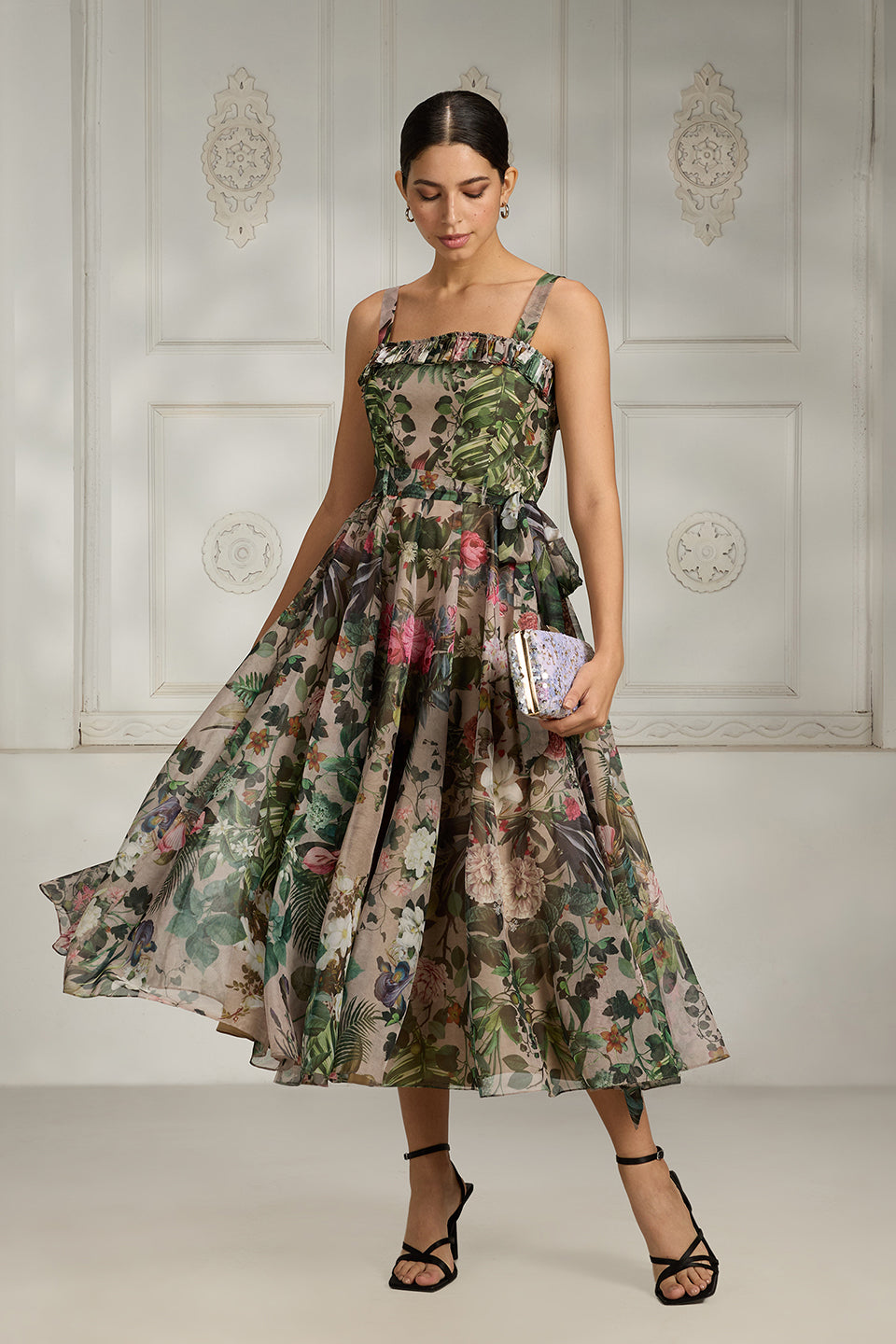 Beige Printed Frill Dress