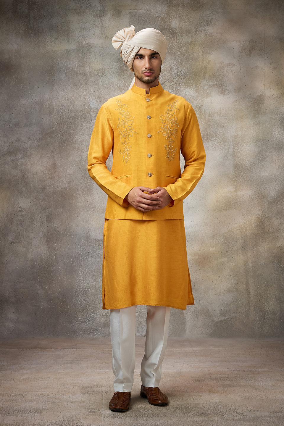 Mustard Embroidered Koti Kurta Set