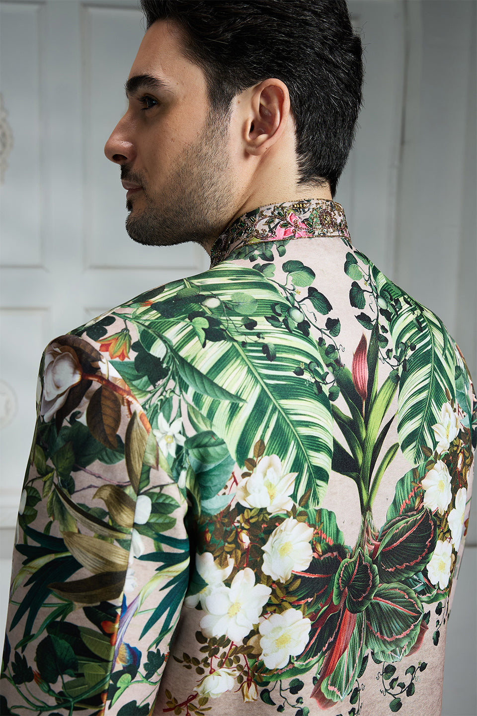 Beige Printed Sherwani Set